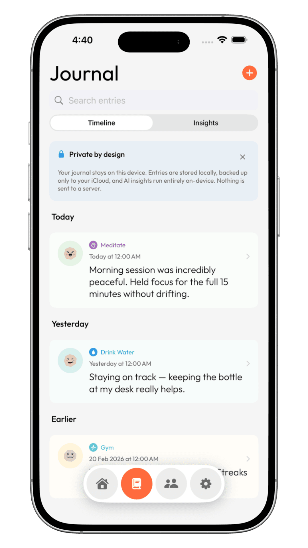 Apex Habits journal entries and privacy notice